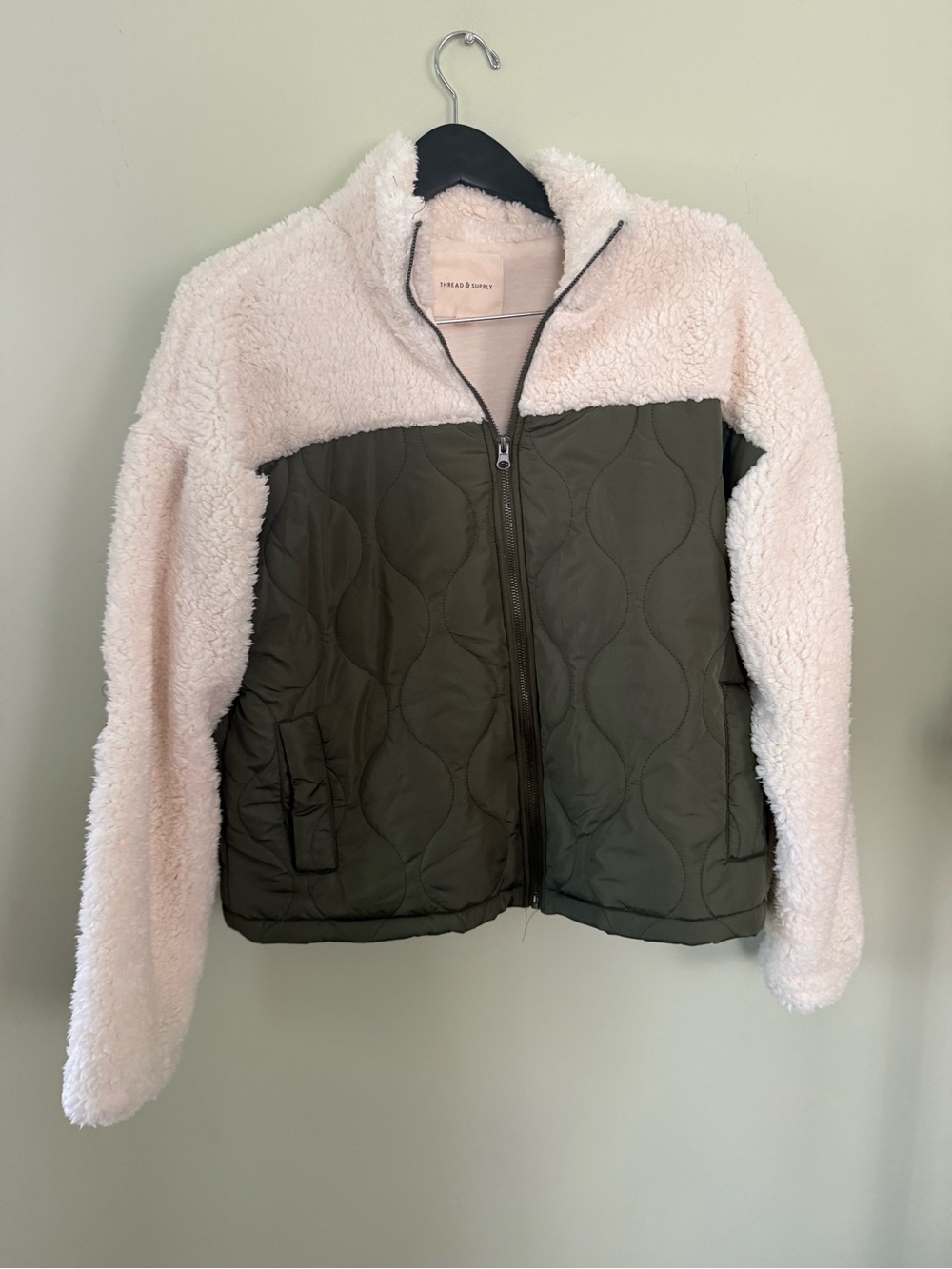 Thread & Supply Olive Green Quilted Body with Cream Sherpa Jacket